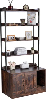 A multi-shelf storage unit with a cabinet base, displaying various decorative items and books.
