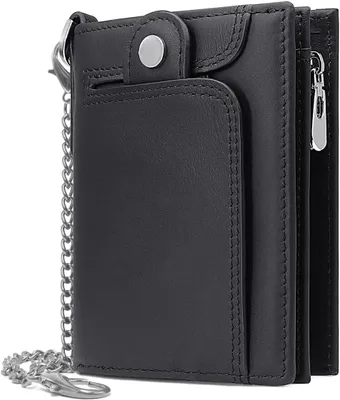 Produktbild von Geldbörse Herren RFID Schutz Klein Portmonee Echtem Leder mit Kette Portemonnaie mit Reißverschluss Münzfach und 14 Kartenfächer Herrenbrieftasche