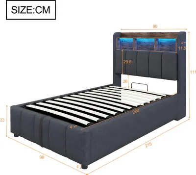 A diagram of a bed with dimensions indicated.
