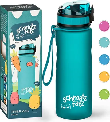 A teal water bottle and its packaging are displayed side-by-side. The packaging features cartoonish fruit illustrations and branding. Small colored circles are shown to the right of the bottle, likely indicating color options.