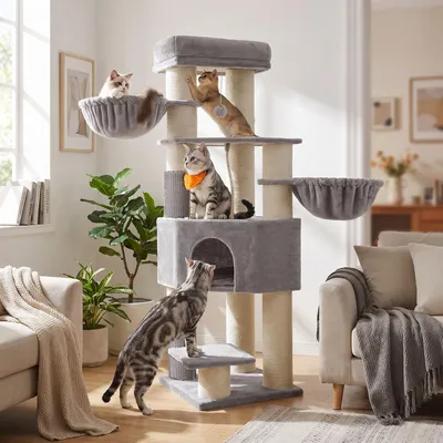 Produktbild von FEANDREA Kratzbaum für Große Katzen, mit Selbstwärmenden Kissen und Sisalstämmen, 50 x 50 x 160 cm, Grau