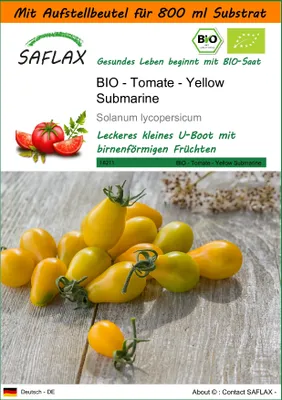 Produktbild von SAFLAX - Garden in the Bag - BIO - Tomate - Yellow Submarine - 10 Samen - Mit Anzuchtsubstrat im praktischen, selbst aufstellenden Beutel - Solanum lycopersicum