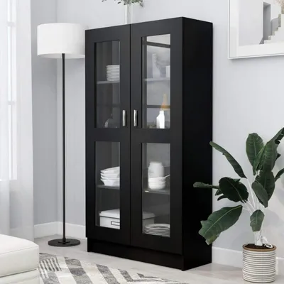 Image de Vitrine, bibliothèque, armoire de classement, noire, 82,5 x 30,5 x 150 cm, en panneaux de particules
