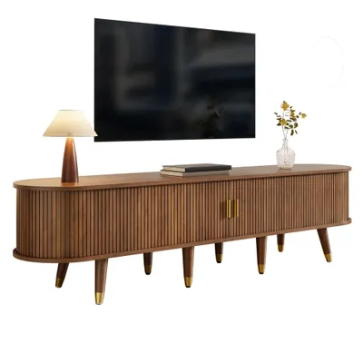 Produktbild von Lowboard TV-Schrank 175 cm mit Rattan-Schiebetür Fernsehtisch in Walnussoptik, TV-Board Kommode TV Möbel im Landhausstil aus MDF für Wohnzimmer
