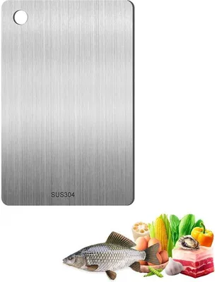 Image de Planche à découper Ibenzoa® en acier inoxydable et titane, double face, dimensions 25 x 15 x 0,17 cm – hygiénique pour les légumes, les fruits et la viande, avec un trou de suspension
