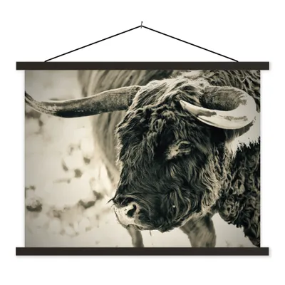 Produktbild von MuchoWow® Textilposter Schottischer Highlander - Schnee - Hörner 40x30 cm mit schwarzem Rahmen - Dekorationen