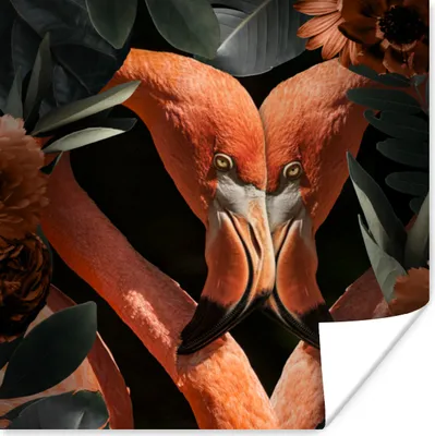Produktbild von MuchoWow® Poster Flamingo - Blätter - Blumen 50x50 cm - Wohnzimmerdekoration