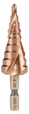 Zdjęcie produktu dla 1 szt. wiertło kobaltowe z uchwytem sześciokątnym, rowkiem spiralnym i stożkiem stopniowym, ze stali szybkotnącej (4–20 mm)