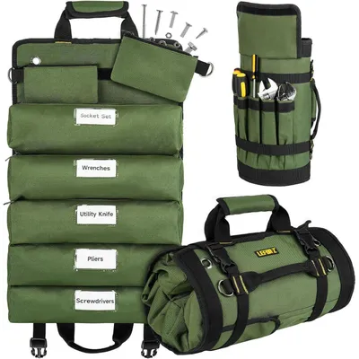 Immagine prodotto di Borsa porta attrezzi vuota, verde, con 13 scomparti, realizzata in poliestere 1000D, dimensioni 58,5 x 35,5 cm