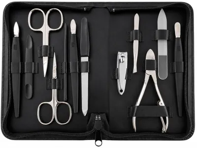 Produktbild von Maniküre Pediküre Set 12-teilig – Nagelpflege Set mit 5 Solingen Qualitätsinstrumenten, Echtleder Etui, gehärteter Stahl –  Germany Schwarz