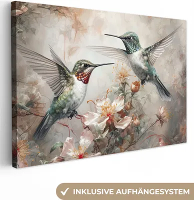 Produktbild von OneMillionCanvasses® - Leinwandbilder - 140x90 cm, Kolibri - Vögel - Blumen - Pflanzen, Wandbilder Kunstdruck Wanddekoration - Foto auf Leinwand - Gemälde auf Holzrahmen