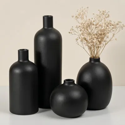 Productafbeelding van Bloemenvaas - Set van 4 - Keramiek - Modern - Zwart en Antraciet