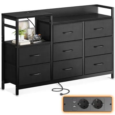 Image de Commode avec 8 tiroirs en tissu, 2 ports USB et 2 prises de courant, noire, dimensions : 132 x 30 x 88 cm