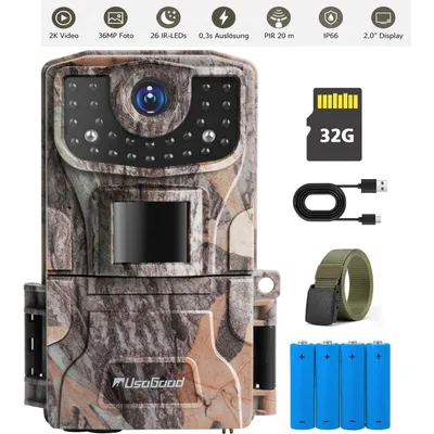 Image de Caméra de surveillance pour la faune et la chasse Usogood, 36 MP, 2K, avec détection de mouvement, étanche IP66, vision nocturne infrarouge pour une utilisation en extérieur, incluant une carte mémoire de 32 Go