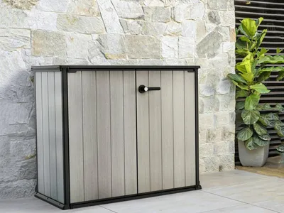 Immagine prodotto di Dmora Armadio da Esterno Kindersley 77x139.5x120h cm Grigio, Un'anta Portattrezzi, Impermeabile