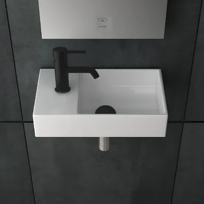 Produktbild von Alpenberger Kleines Waschbecken Eckig | Hängewaschbecken WC | Waschplatz Lösung Klein I Keramik Handwaschbecken fürs Badezimmer & Gästeklo | Designer Mini Badwaschbecken