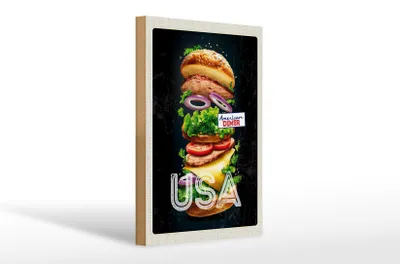 Produktbild von Holzschild Reise 20x30cm Amerika USA Burger Tomaten Gemälde