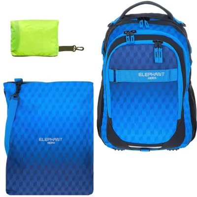 Produktbild von Schulrucksack Jungen Schule 3. Klasse Laptop Fach Elephant Hero Signature Rucksack Turnbeutel Regenhülle 3 Teile Set Dark Blue Cube 12868 +rtp
