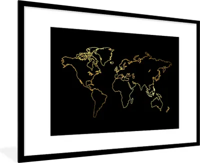 Produktbild von MuchoWow® MuchoWow® Gerahmtes Poster Goldene Weltkarte auf schwarzem Hintergrund 90x60 cm - Poster mit zchwarzem Bilderrahmen - Wanddekoration - Fotos
