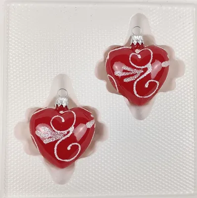Produktbild von 2 tlg. Glas-Herzen Set in Hochglanz Modern Rot Weisse Ornamente
