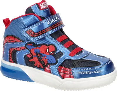 A single blue and red high-top sneaker with a Spider-Man graphic.