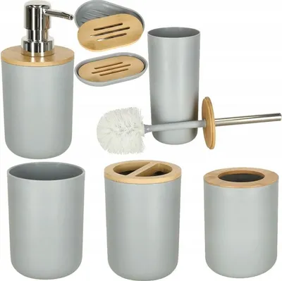 Image de Set salle de bain Gris 6 pièces accessoires bain distributeur savon porte brosses poubelle