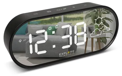 Spiegelwecker mit Wettervorhersage, Innentemperatur, Dual-Alarm, USB, schwarz