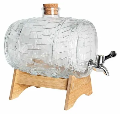 Produktbild von Getränkespender mit Zapfhahn, Glasfass für Limonade und Getränke, auf Holzständer 3 l