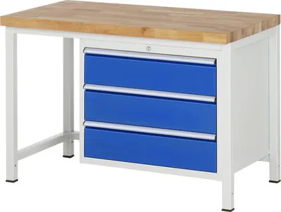 Produktbild von Werkbank mit 3 XL Schubladen - Teilauszug - 180:3 - 840 x 1.250 x 700 mm (HxBxT) - Traglast 1.250 kg - Buche