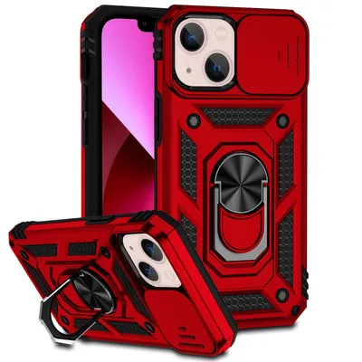 Obrázek produktu pro Pouzdro pro iPhone 13 dvouvrstvé pouzdro s posuvným krytem kamery a prstencovým stojánkem červené