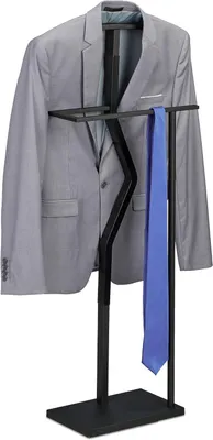 Immagine prodotto di Appendino per abiti - Design moderno - Per giacche e pantaloni - 107x48x20 cm - Metallo e aspetto legno - Ideale per camera da letto e ingresso - Nero