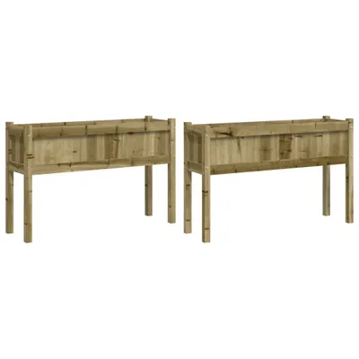 Two wooden raised garden beds with legs are shown against a white background.