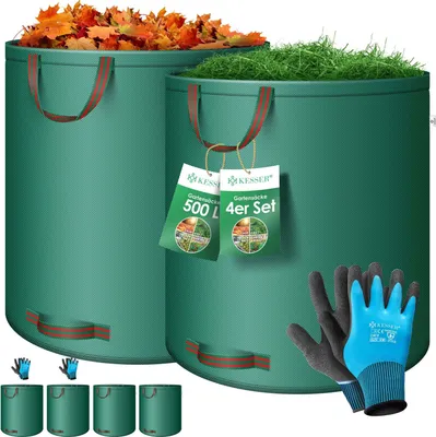 Produktbild von KESSER® Gartensack Set Laubsack Gartenabfallsack inkl. Handschuhe - Selbststehend 4 Griffe Stabil Robust & Faltbar - Laubsäcke Rasenschnitt Gartensäcke für Gartenabfälle Grünschnitt