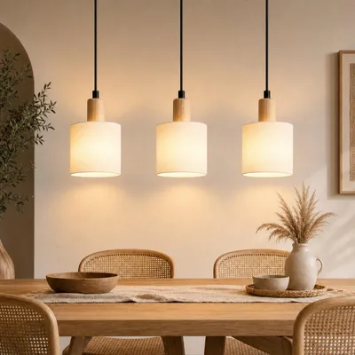 Produktbild von ZMH Pendelleuchte Holz Esstischlampe 3 Flammig Vintage Hängeleuchte mit Stoffschirm E14 Hängelampe für Wohnzimmer Restaurant Schlafzimmer Küche Weiß