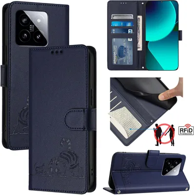 Produktbild von Leder Hülle für Xiaomi 14 Süße Katze Flip Case Brieftasche Schutzhülle mit Standfunktion Blau