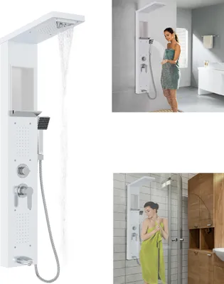 Obrázok produktu pre XMTECH sprchový panel 5-funkčná dažďová sprcha nerezová sprchová súprava s ručnou sprchou, dažďovou sprchou, 2 masážnymi sprchami, vodopádovou sprchou, kompletnou sprchovou batériou (biela)