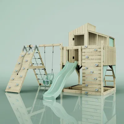Produktbild von OutdoorToys Outdoor Spielturm mit Wellenrutsche, Spielhaus aus Holz mit Kinderschaukel, Kletterwand, Kletternetz, Ausführung: Babyschaukel, Farbe: Mintgrün, mit Babyschaukel