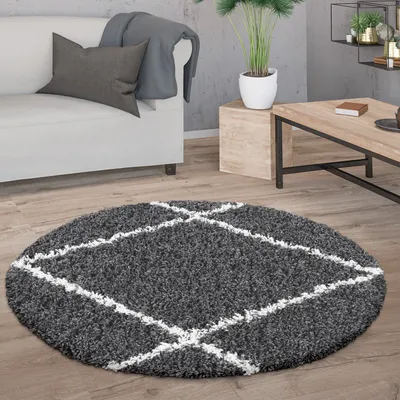 Produktbild von Hochflor Teppich Rund Wohnzimmer Moderner Shaggy Langflor Skandi Rauten Grösse 200 cm Rund