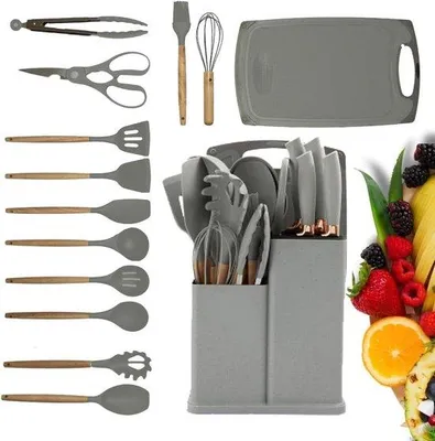 Produktbild von Famanu Küchenutensilien Set 19-teilig - Hitzebeständig, BPA-frei, mit Holzgriffen