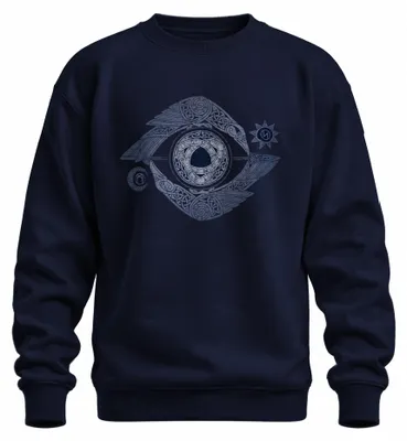 Imagen del producto de Sudadera uni con cuello redondo, diseño de nudos nórdicos, motivos de vikingos, "Valknut", "ojo de cuervo", en color azul marino, talla XL