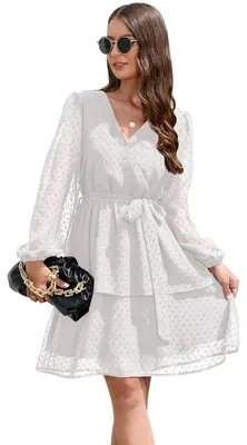 Imagen del producto de KOEMCY: Vestido corto de gasa con estampado de lunares suizos para mujer, escote en V, manga larga y corte en línea A, ideal para uso diario