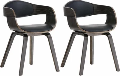 Two modern chairs with wooden frames and black seats against a white background.