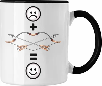 Produktbild von Trendation - Pfeil und Bogen Tasse Geschenk für Bogenschütze  :( + Pfeil & Bogen = :) Lustige Geschenkidee Geburtstag (Schwarz)