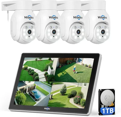 Produktbild von 【PTZ-Kamera + 10-Kanal-Monitor: 3MP PTZ-Überwachungskamerasystem mit 10 HD-Monitoren, 10-Kanal-NVR mit 1 TB Festplatte, 4 Stück 360°-PTZ-Kameras für den Außenbereich, WLAN】