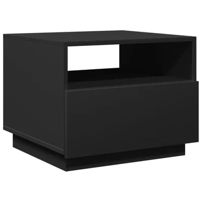 A black bedside table with a drawer and an open shelf, shown from a three-quarter angle against a white background.