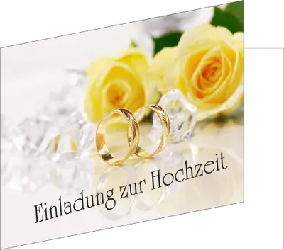 Produktbild von 50 Stück Einladungskarten zur Hochzeit (EKT-104) Format DIN A6 - Einladungen Ringe auf gelben Rosen Trauung Feier