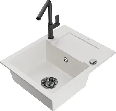 Produktbild von Mexen Enzo 1 Becken-Granitspüle mit Abtropffläche und Mischbatterie Flora, Weiß - 6506-20-670401-70-B