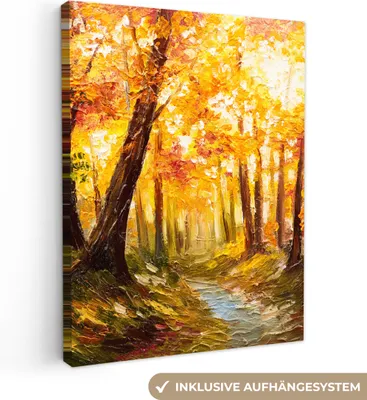 Zdjęcie produktu dla MuchoWow® - Obraz na płótnie - Malarstwo - Jesień - Las - Obraz olejny, obraz na ścianę, obrazy dekoracyjne do salonu, 90x120cm