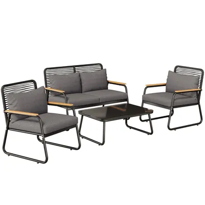 Produktbild von Flieks Gartenlounge-Set 4 Personen, Gartenmöbel-Set Balkonmöbel 4-tlg., Gartensofa mit Kissen, Gartentisch aus Glasplatte, Gartengarnitur Schwarz