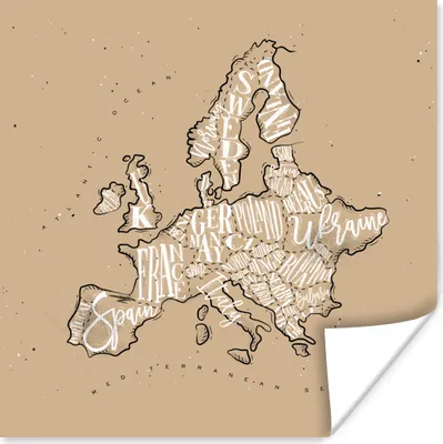 Produktbild von MuchoWow® Poster Europa - Karte - Braun - Briefe 30x30 cm - Wandposter - Printing